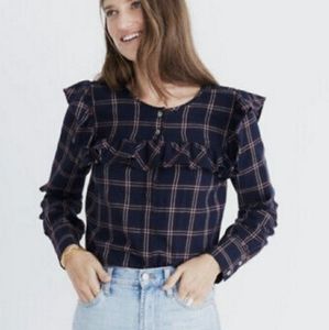 Madewell Plaid Ruffle-Yoke Long Sleeve Blouse Navy Blue and Burgundy
